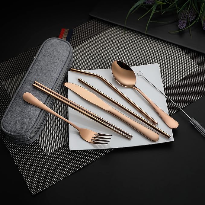 DEVICO Camping Utensils, Full-Size Travel Silverware Set with Case for Work | 8Pcs Stainless Steel Travel Cutlery Set, Portable Metal Straws Chopsticks Fork Spoon Knife Set for Lunch Box/School,Rose Gold