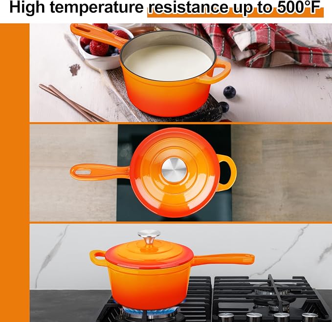 Enameled Cast Iron Sauce Pan with Lid, Leonyo 1 Quart Saucepan with Lid, Small Cast Iron Dutch Oven Kitchen Cookware Pot for All Cooktops Making Pasta, Soup, Milk - Up to 500°F & 4.4Lbs, Orange