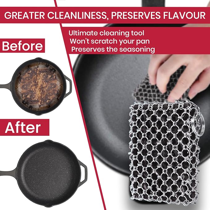 316L Cast Iron Scrubber Kit with Scraper Tool - Silicone Insert for Pan | Zylark Pan Cleaner Scrubber with Silicone Insert - Cast Iron Cleaning Kit - Chainmail Scrubber for Cookware