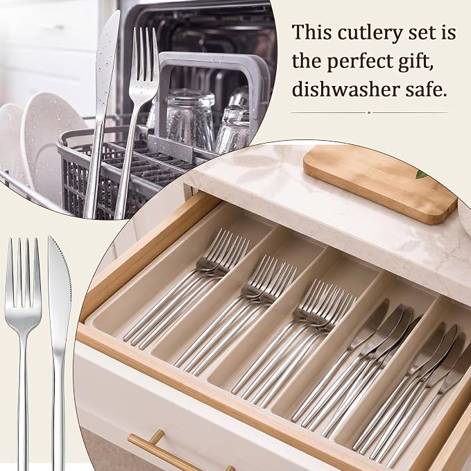 Nuenen 100 Pieces Stainless Steel forks and knives Dinner Flatware Set Tableware Cutlery for Butter Kitchen Restaurant, Dishwasher Safe (Silver,8.8 Inches，8.4 Inches,Portugal)