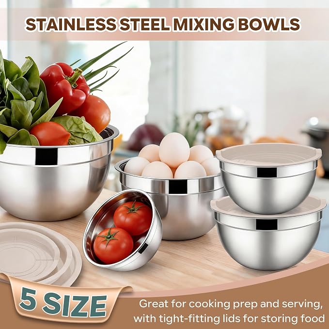 E-far Mixing Bowls with Lids Set, Stainless Steel Cooking Salad Bowl, Khaki | 10-Piece Metal Nesting Bowls with Airtight Lid for Kitchen Storage, Baking & Prepping, Dishwasher Safe, 0.7/1.5/2.1/3/4.6 QT