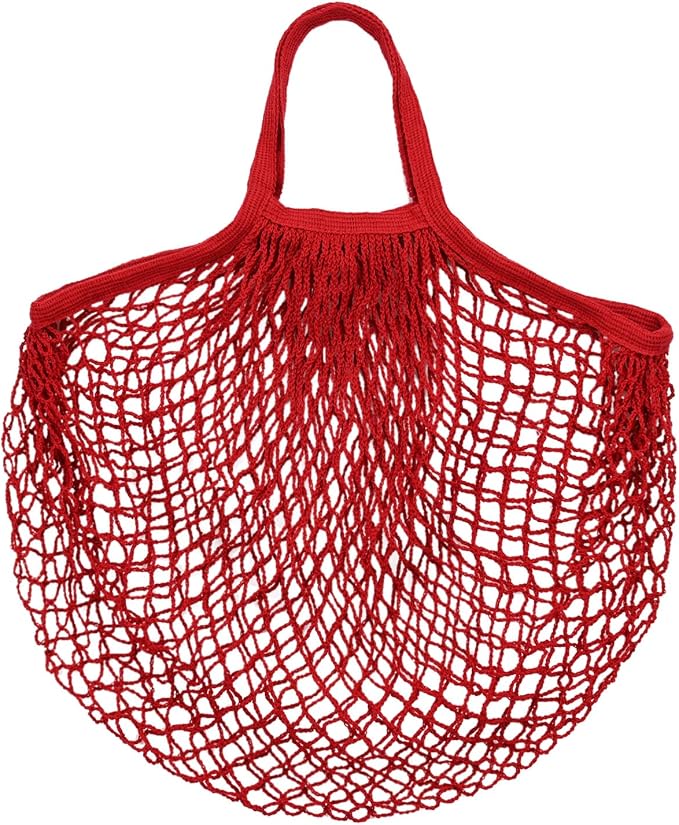 M METERXITY 1-Pack Cotton Mesh Bag, Reusable Washable Mesh Net String Grocery Bags, Reusable Produce Bags with Handle, Net Tote Bag for Fruits/Vegetables Shopping [Red, Short Handle]