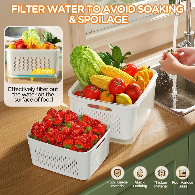 6 PCS Fruit Storage Containers for Fridge with Removable Colanders, 6 Plastic Food Storage Containers with 6 Lids, Leakproof Produce Containers Keep Fruits, Vegetables, Berry, Meat Fresh Longer