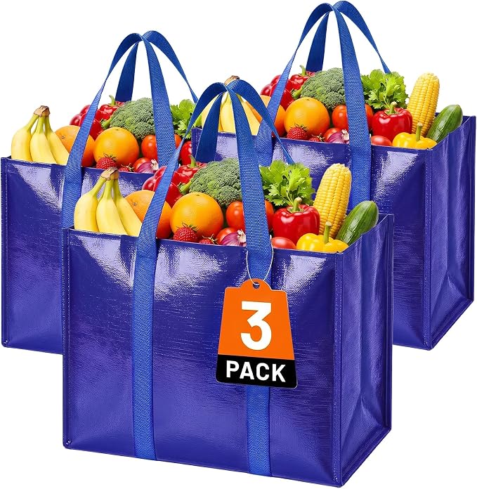 Reusable Grocery Bags, Waterproof & Foldable Shopping Bags Stand Upright | Heavy Duty Shopping Tote Bags, Waterproof & Foldable with Long Handles for Bulk Shopping, Versatile Storage 3 Pack-33L