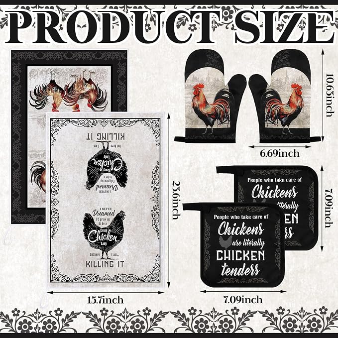 Bencailor 6 Pcs Rooster Chicken Kitchen Decor Rooster Kitchen Towels Chicken Pot Holders and Oven Mitts Sets 2 Farmhouse Gray Cooking Mittens for Cooking Grilling Supply Accessories