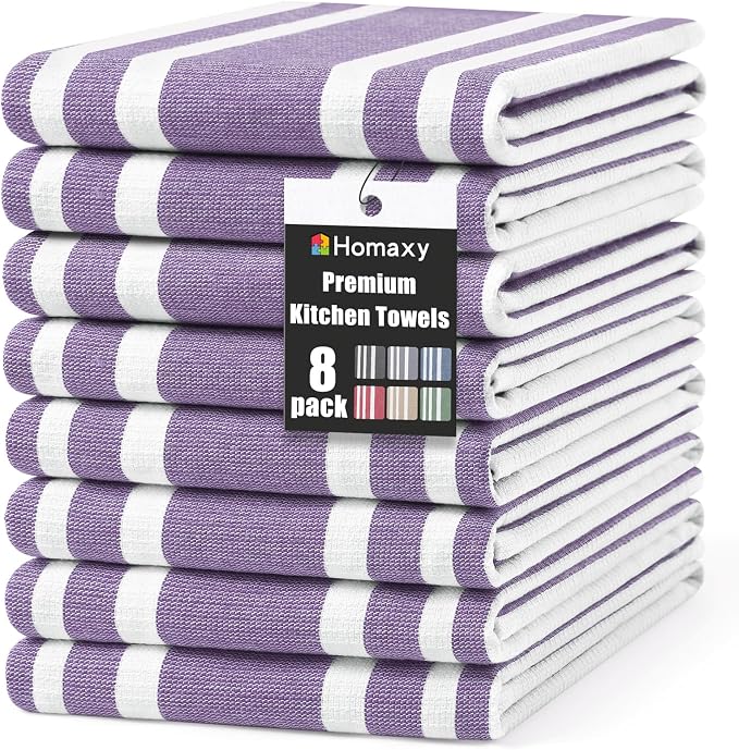 Homaxy Premium Cotton Stripe Kitchen Towels 8 Pack, 18"x 28", Purple | Large 380 GSM Kitchen Hand Towels, Soft Terry Dish Towels, Highly Absorbent Tea Towel Set with Hanging Loop