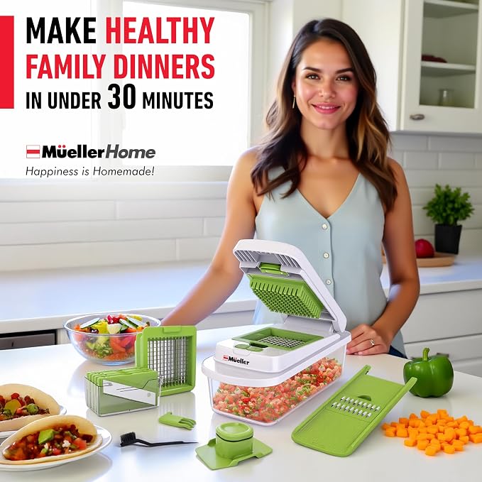 MUELLER HOME Pro-Series 10-in-1 Vegetable Chopper, 8 Blade Onion Mincer | Cutter, Dicer, Fruit Slicer with Container, French Fry Cutter Potato Slicer, Home Essentials, Salad Chopper White Sand/Green