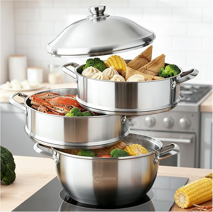 LOLYKITCH 8-Quart/ 30CM Stainless Steel Steamer Pot - 3 Tier Steamer | Steamer for Cooking Dumplings & Veggies, 12 Inch Large Induction Stock Pot for All Stovetops, Heavy Duty
