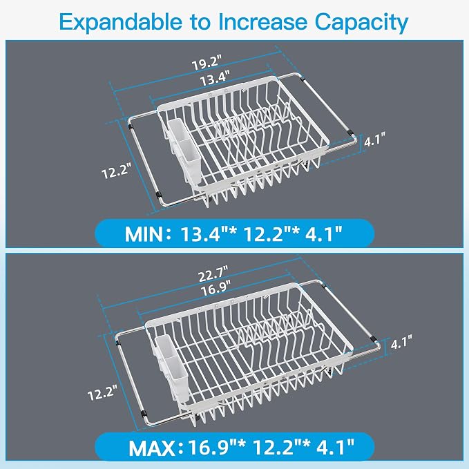 JASIWAY White Dish Drying Rack Over the Sink with Utensil Holder | Expandable Stainless Steel Dish Driainers for Small Kitchen, Counter Space Saving, Fast Drain, Rust Resistant, For Apartment