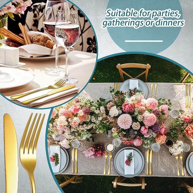 Nuenen 50 Pieces Stainless Steel Forks Silverware Set Dinner Forks and Knives Flatware Tableware Cutlery Set for Kitchen Restaurant(8.07 x 0.94 Inch, 9.06 x 0.79 Inch,Gold)