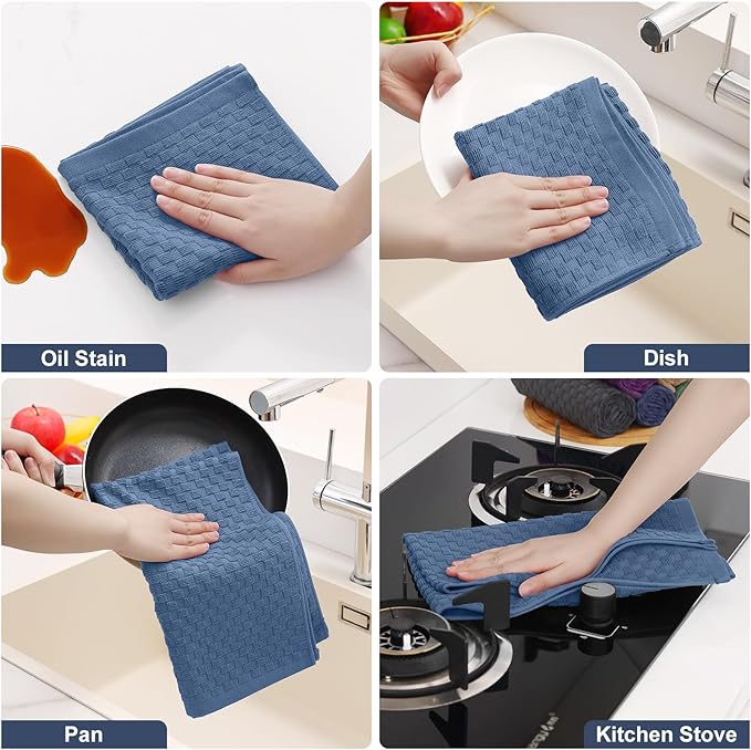 Homaxy 100% Cotton Terry Kitchen Towels(15" x 25", 12 Pack), Navy Blue | Soft and Super Absorbent Dish Towels, 380 GSM Reusable Tea Towel with Hanging Loop, Pineapple Grid Designed