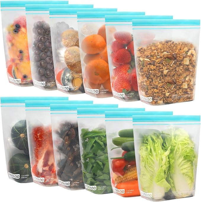 12 Pack Reusable Gallon Freezer Bags Dishwasher Safe BPA Free | Extra Thick 1 Gallon Leakproof Food Storage Bags Plastic Ziplock Bags for Meal Prep Fruits Sandwich Snack
