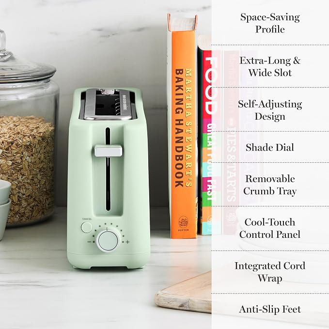 Martha Stewart 2 Slice Long Slot Toaster, Extra Wide, Honeydew | 10 Shade Settings, 10” Wide Slot, Sourdough, Bagels, Artisan Bread & Waffles, Smart Centering, Removable Crumb Tray