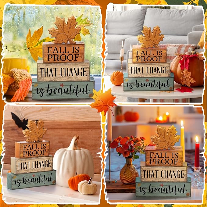 Lineshading 4 Pcs Fall Decoration For Home Wooden Maple Leaf Stacked Decor | Rustic Thanksgiving Table Centerpiece, Tiered Tray Styling, Beautiful Change Quote, Autumn Seasonal Home Accents