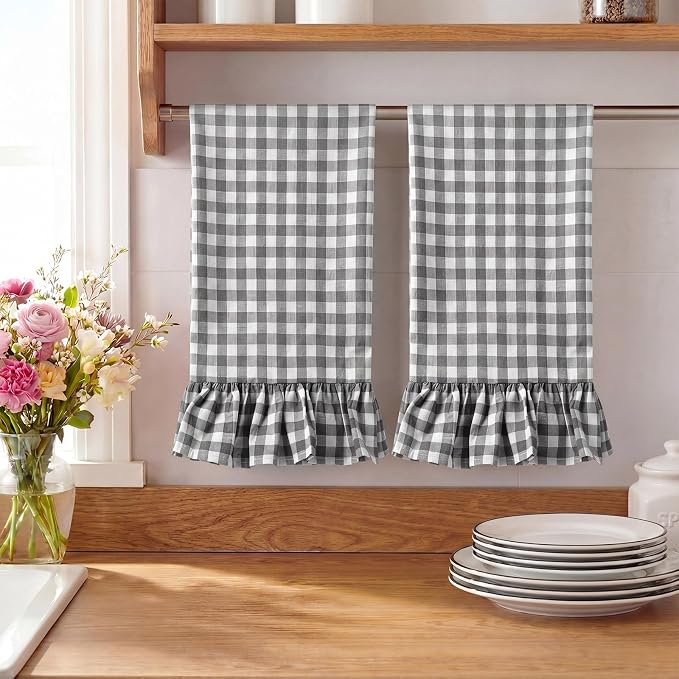 HunnmingRe 2 Pcs Gray Gingham Kitchen Towels Cotton Ruffled | Checked Dish Towels 18"x28" Tea Cloths Plaid Cottage Core Kitchen Decor for Farmhouse Charm Drying Dishes Entertaining Guests