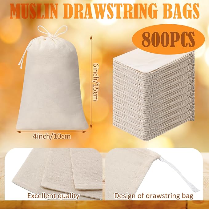 Tatuo 800 Pcs Cotton Muslin Bags with Drawstring, 4 x 6 Inch | Drawstring Sachet Pouches for Jewelry, Party Favors, Wedding Gifts, Bulk Empty Canvas Bags for DIY Crafts Organizing Home