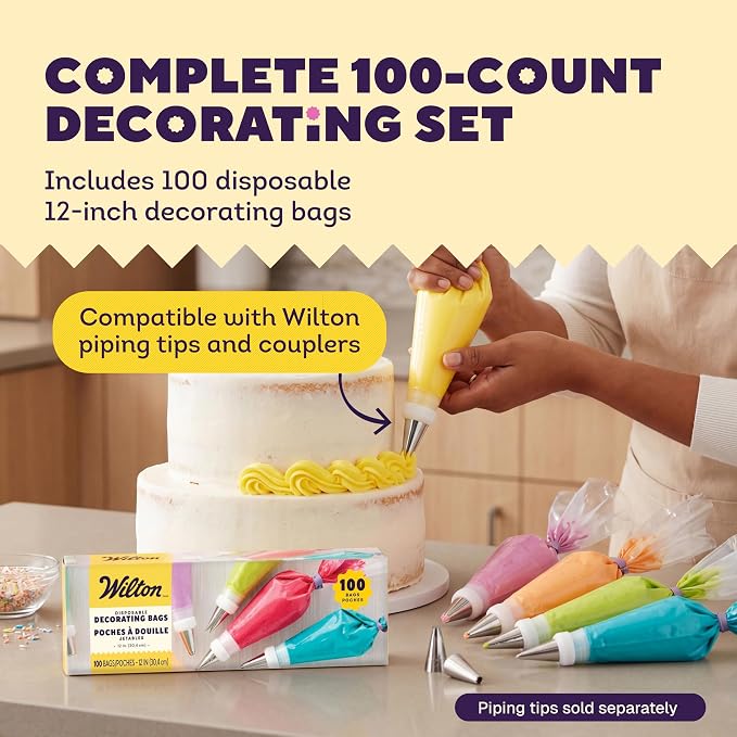 Wilton Disposable Decorating Bags, Piping Icing, 100-Count | Single-Use Piping Bags Fit All Standard Couplers & Tips, No Cleanup Required, Perfect for Icing, Frosting & Cake Decorating