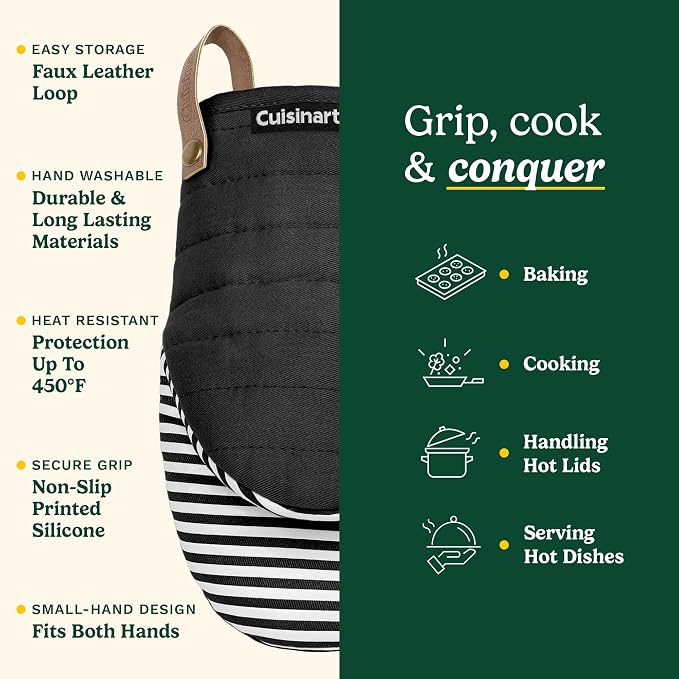 Cuisinart Mini Oven Mitts, 2-Pack 5.5"x8", Printed Silicone, 450F | Non-slip grip stripes, faux leather hang loop, cotton lining for comfort, ambidextrous for baking, cooking, and cast iron