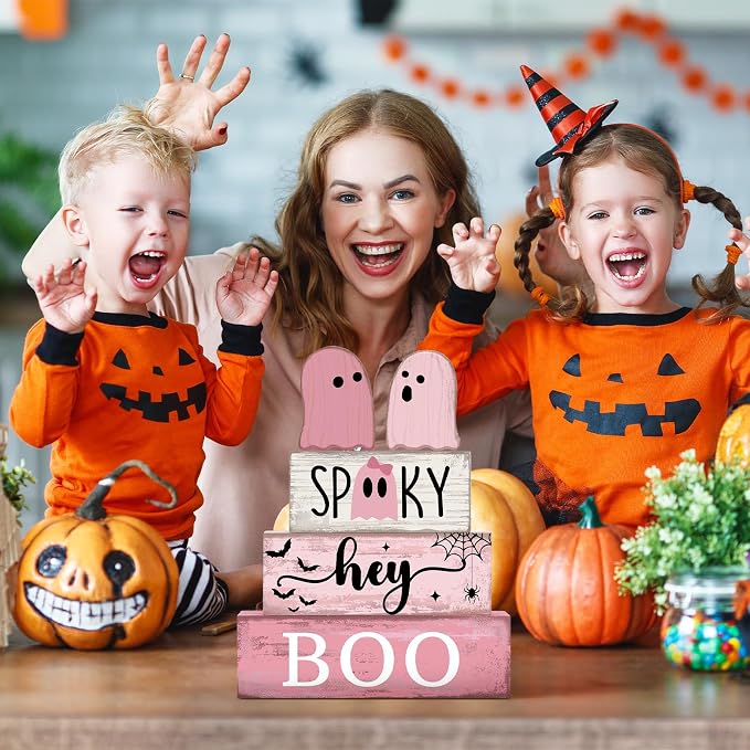 Lineshading 4 Pcs Pink Halloween Tiered Tray Decor, Wooden Ghost Signs | Cute Farmhouse Tabletop Decorations, Rustic Wood Blocks with SPOOKY BOO Text, Pink Aesthetic Centerpiece for Party Display
