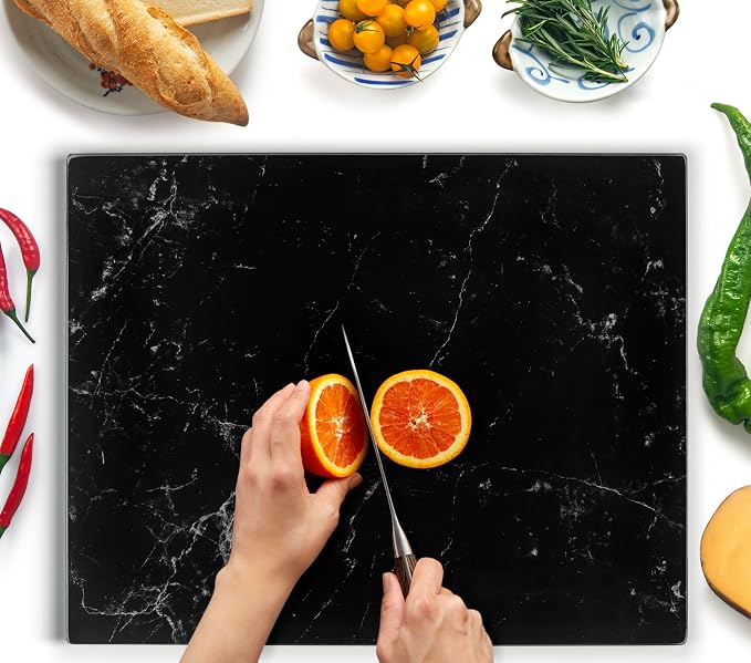 Glass Cutting Board 20”x16”: Tempered Glass Kitchen Counter Protector - Durable- Scratch-Resistant, Heat-Proof - Design 1 - Black Marble Effect