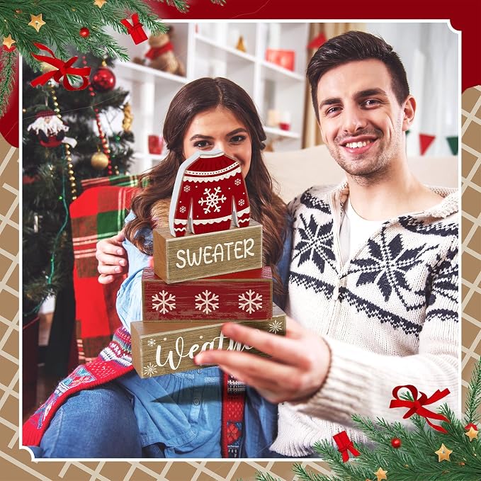 Lineshading 4 Pcs Christmas Table Decoration Wooden Block Signs Sweater | Red Ugly Sweater With Snowflake, Christmas Centerpiece For Tiered Tray, Rustic Wood Block Display, Home Shelf Decor