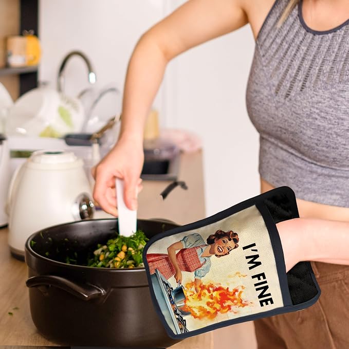 I'm Fine Funny Kitchen Pot Holders with Pockets, Humorous Cooking Housewife Oven Pot Holders Heat Resistant Oven Mitts Hot Pads for Kitchen Baking Cooking