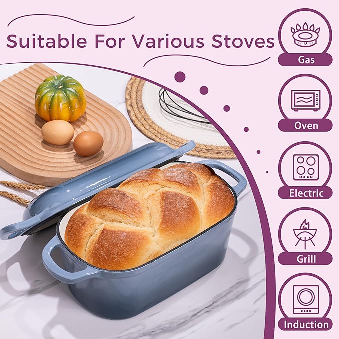 4.6-Quart Oval Dutch Oven for Bread Baking | 2 in 1 Enameled Cast Iron Bread Pan with Lid, Sourdough Baking Pan for a Crispy Crust, Seasalt