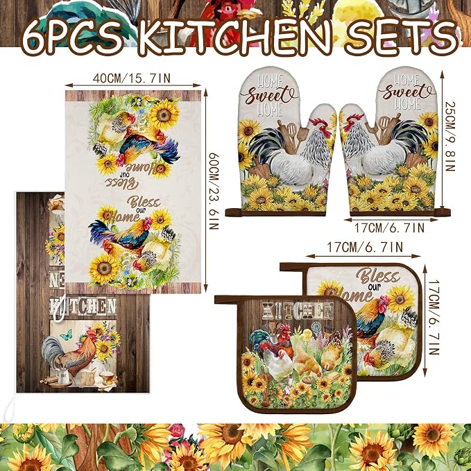 Leinuosen 6 Rooster Sunflower Farmhouse Kitchen Decor Dish Towels Oven Mitts and Pot Holders Sets Chicken Kitchen Towels Absorbent Decorative Accessories for Cooking Baking Grilling