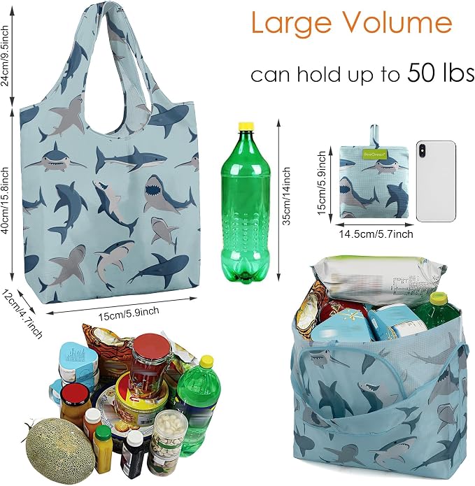 BeeGreen Reusable Grocery Bags for Groceries | Foldable Tote Bags with Handles Reusable Gift 6 Set - Heavy Duty Washable Polyester Travel and Shopping Basket - Bulk Bag for Women Animal Lovers