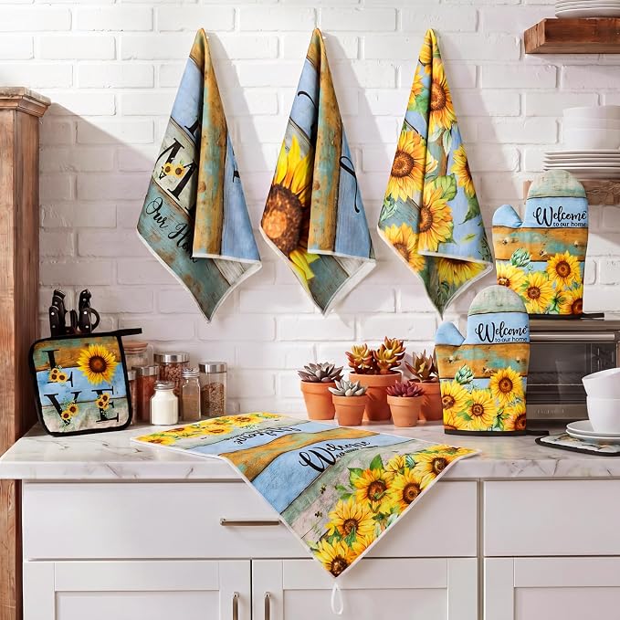 Leinuosen 8 Pcs Farmhouse Sunflower Kitchen Towels and Dishcloths Sets Oven Mitts and Pot Holders Sets Absorbent Kitchen Gloves Potholders Heat Resistant for Chef Baking Cooking