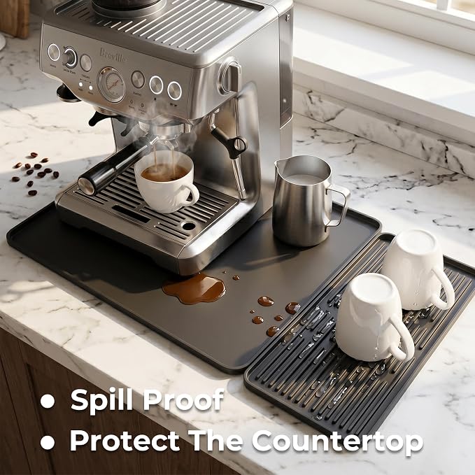 24×16-inch Barista-Grade Coffee Station Mat: Catch Spills, Protect Countertops! Silicone, Water Resistant & Heat Resistant. Perfect Under, as Dish Dryer or Pet Mat. (Black)