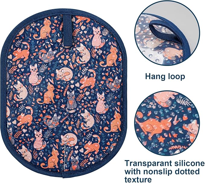 Pot Holders with Transparent Clear Silicone Shell and Nice Cat Flower | Potholders Cotton Lining Set of 2, Heat Resistant to 500 F Kitchen Oven Gloves for Cooking (Navy Cat, Potholders)
