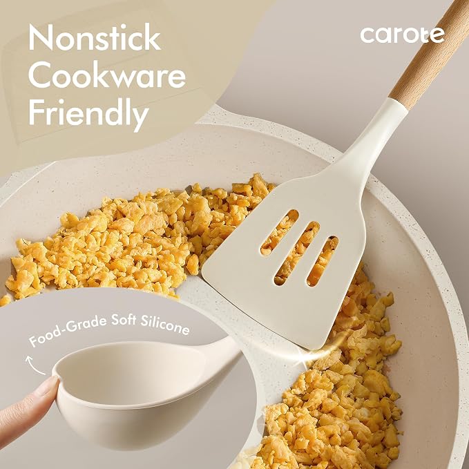 CAROTE 22-Piece Cooking Utensils Set with Wood Cool-Touch Handles, Cream | Silicone Kitchen Utensil, Food Grade, Nonstick Cookware Friendly, BPA-Free, Heat-Resistant, Everyday Home Essentials, Gifts