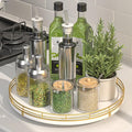 Oroyutor 12-Inch White Wooden Lazy Susan Spice Organizer with Gold Rail | Rotating oak tray organizes spices, toiletries and decor on kitchen counters, bathroom vanities, dining and coffee tables.