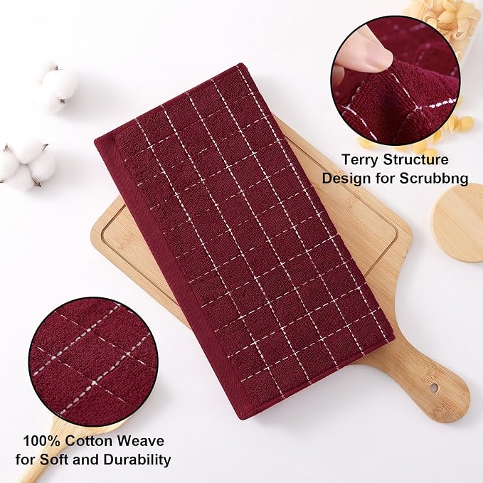 Homaxy 100% Cotton Terry Kitchen Dish Cloths, 12 Pack, Burgundy | Ultra Soft and Absorbent, Suitable for Drying and Washing Dishes