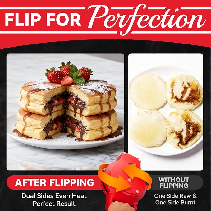 SugarWhisk Flip Pancake Maker Machine, Ceramic Coated Pancake Pan for 6.5 Inch Pancakes, Omelette, Crepe & Quesadilla, Frittata, Double Sided Omelette Pan Nonstick, Red
