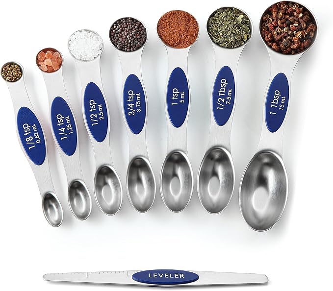 Spring Chef 8 Magnetic Measuring Spoons Set for Baking & Cooking, Sapphire | Stainless Steel Teaspoon & Tablespoon Measuring Spoons with Leveler for Dry & Liquid Ingredients, Dual Sided, Dishwasher Safe