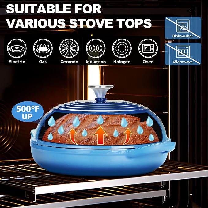 TeamFar Cast Iron Bread Dutch Oven, 6 Qt Enameled Dutch Oven Pot | for Sourdough Bread Baking, with Tall Dome Lid & Round Base Pan, Self-Basting & Even-Heating, Heavy-Duty & Non-stick, Blue