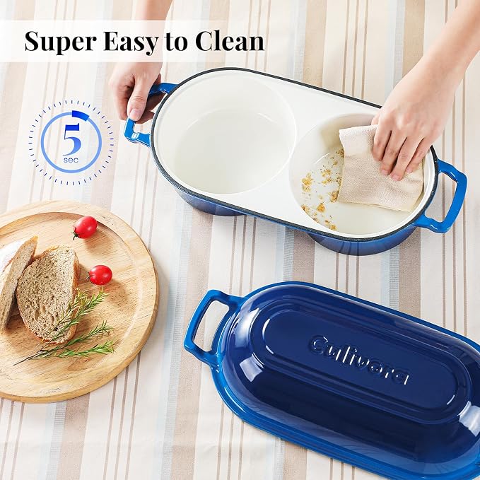 Cast Iron Bread Pan with Lid, Mini Enamel Sourdough Baking Dutch Oven Pot, Double Round Loaf Space for Homemade, Bread, Cake, Meatloaf, 16.5cm Diameter, 500°F Oven Safe, Non Stick, Blue