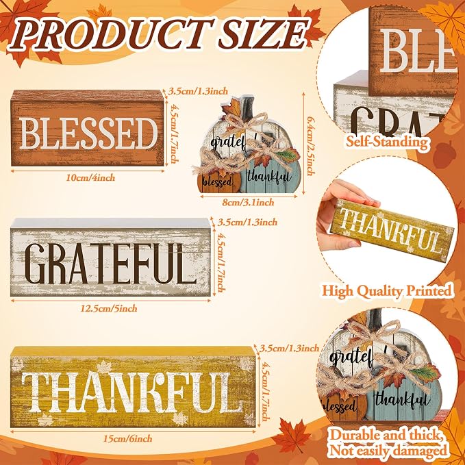 Lineshading 4 Pcs Stacked Pumpkin Block Signs, Fall Thanksgiving Decor | Rustic Wooden Signs with Grateful Blessed Thankful Words, Farmhouse Tabletop Centerpiece for Autumn Tiered Tray Decorations