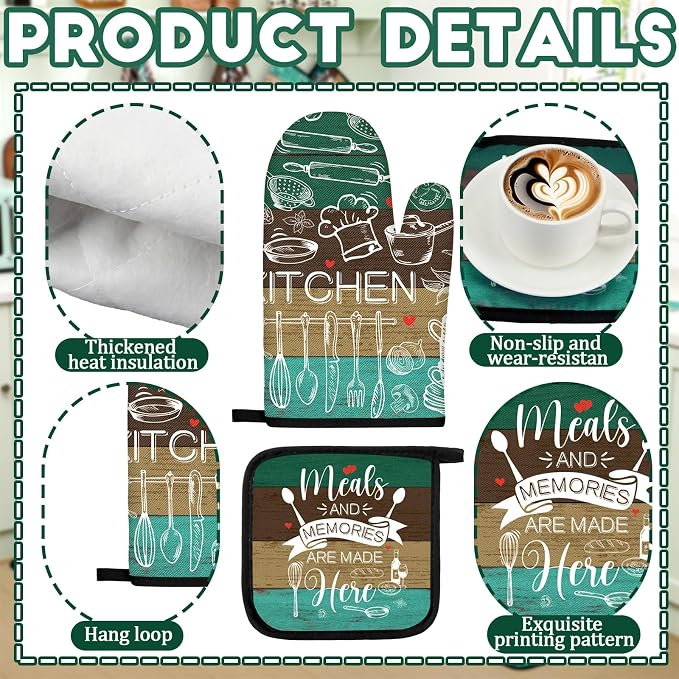 Fourluoo 10 Pcs Teal and Brown Kitchen Decor Set Farmhouse Oven Mitts and Pot Holders Sets Turquoise Dish Towels Kitchen Rugs and Mats for Home Decorations Baking Cooking Birthday Summer Gifts