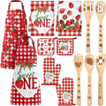 Bencailor 13 Pcs Strawberry Kitchen Decor Accessories Pink Kitchen Apron Dish Towels Oven Mitts and Pot Holders Cute Wooden Spoons for Farmhouse Home Strawberry Party Decoration Housewarming Gifts