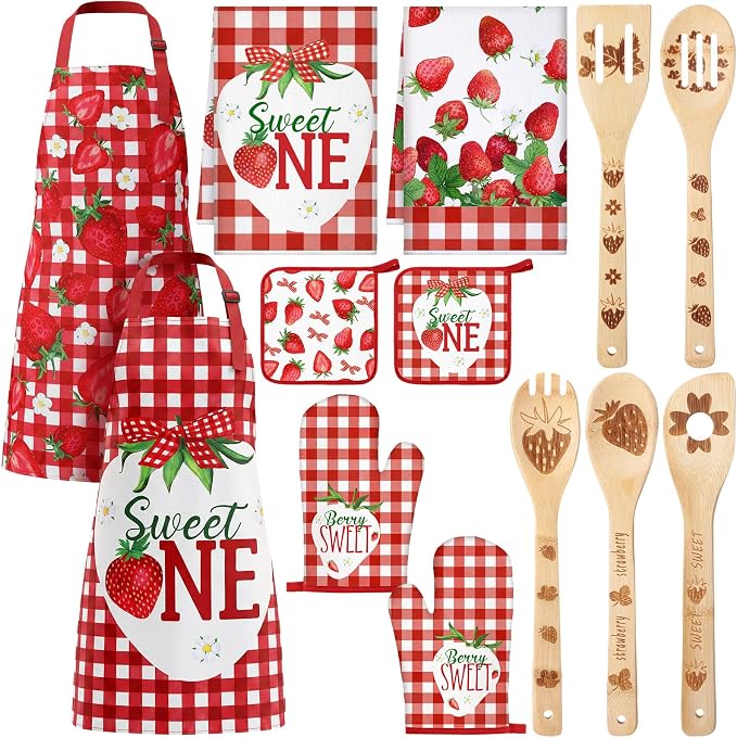 Bencailor 13 Pcs Strawberry Kitchen Decor Accessories Pink Kitchen Apron Dish Towels Oven Mitts and Pot Holders Cute Wooden Spoons for Farmhouse Home Strawberry Party Decoration Housewarming Gifts