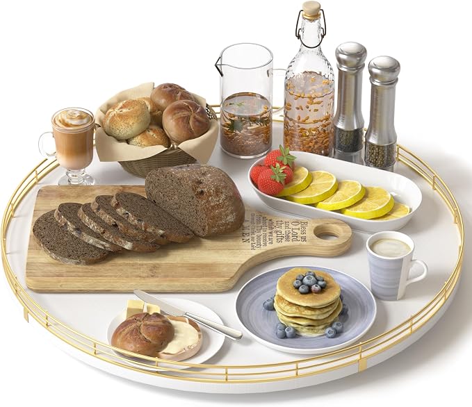Oroyutor 16-Inch Oak Lazy Susan with Gold Rail and White Finish | Oak wood base, gold metal rail and smooth 360-degree rotation for dining tables, kitchen counters and spice storage.