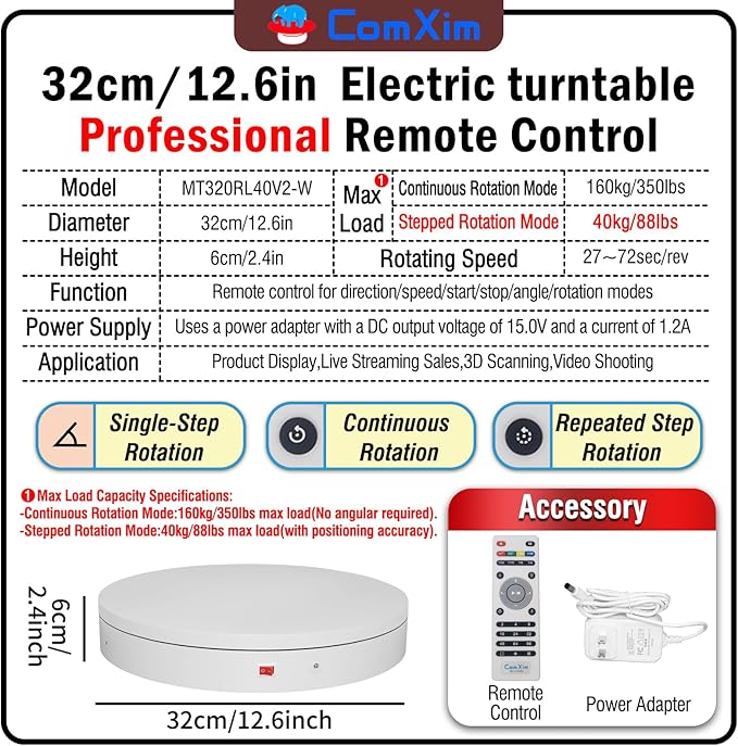 12.6In/32cm Rotating Platform, 350lbs Capacity Motorized Electric Turntable, Heavy Duty Motorized Rotating base, Large Motorized Rotating Display Stand,Photography Turntable with Remote