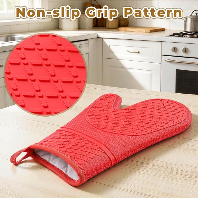 Heat Resistant Silicone Oven Mitts, Up to 500°F Protection for Baking & Grilling, 1 Pair (Red, Extra Thick)