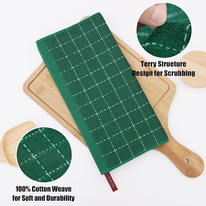 Homaxy 100% Cotton Terry Kitchen Dish Cloths, 12 Pack, Dark Green | Ultra Soft and Absorbent, Suitable for Drying and Washing Dishes