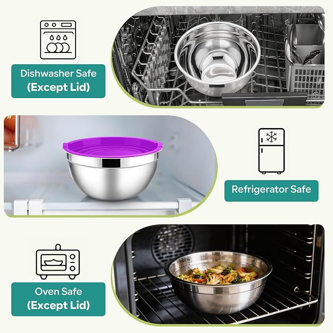 E-far Mixing Bowls with Lids Set, Stainless Steel Salad Bowls, Colorful | 10-Piece Metal Nesting Bowls with Airtight Lid for Kitchen Cooking, Baking/Prepping, Dishwasher Safe, 0.7/1.5/2.1/3/4.6 QT