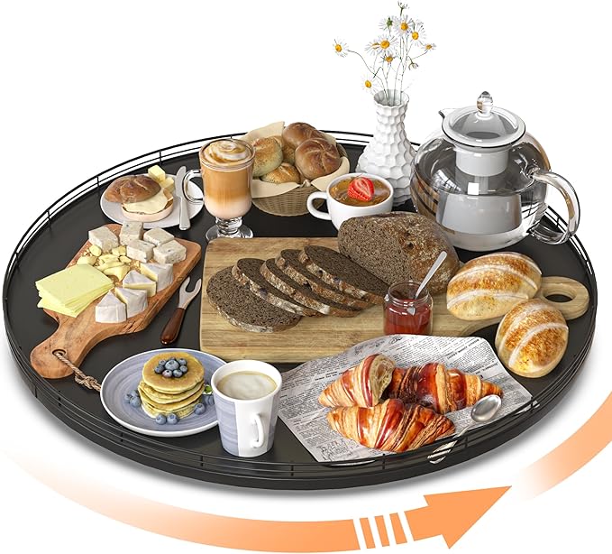Oroyutor 21-Inch Extra Large Oak Lazy Susan with Black Metal Rail | Rotating oak tray organizes spices, toiletries and decor on kitchen counters, bathroom vanities, dining and coffee tables.