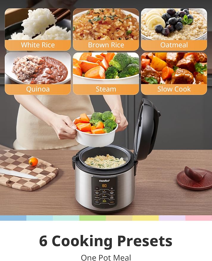 COMFEE' Rice Cooker with 6 Functions, 4-Cups Uncooked Rice | multi cooker, slow cook, steam, saute, warm, 6 one-touch programs for brown rice, quinoa and oatmeal